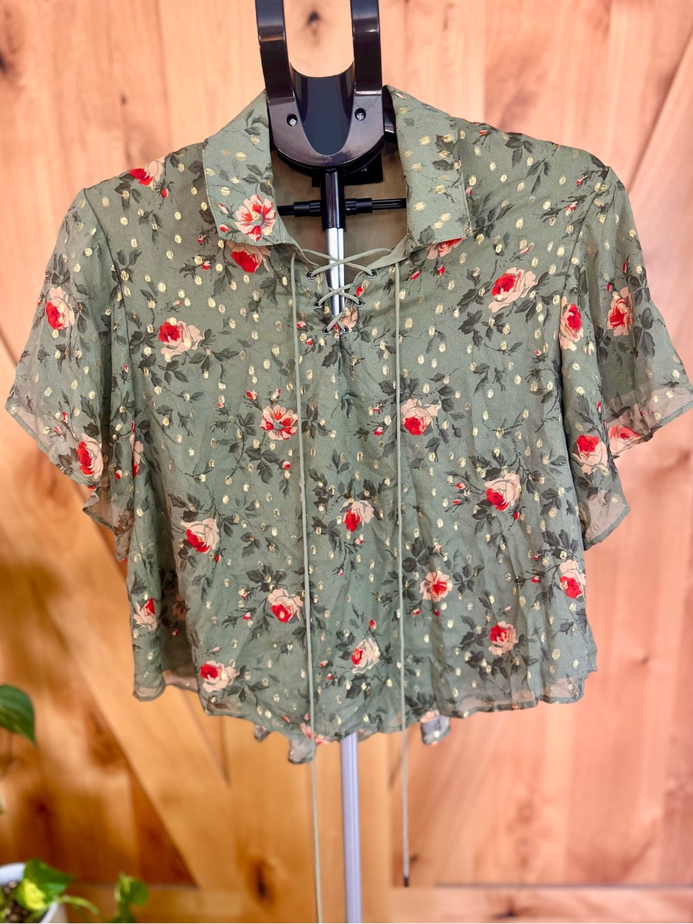 The Kooples Silk Blend Floral Lace Up Blouse Sage Green Gold Metallic Size 1